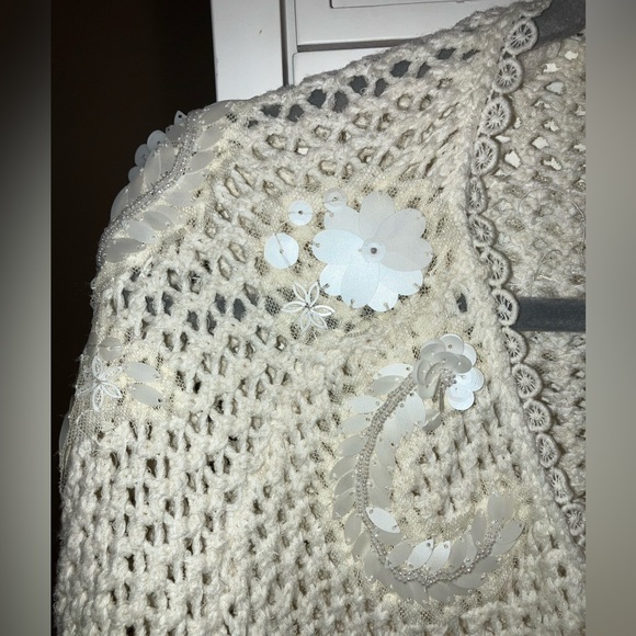 Women’s Anthropologie Knitted and Knotted White Sequin Bell Sleeve Sweater Small - Picture 2 of 5